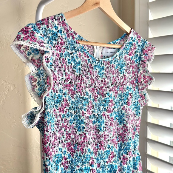 Women’s Lost + Wander Smocked Floral Midi Dress Medium Blue and Pink - Picture 2 of 9